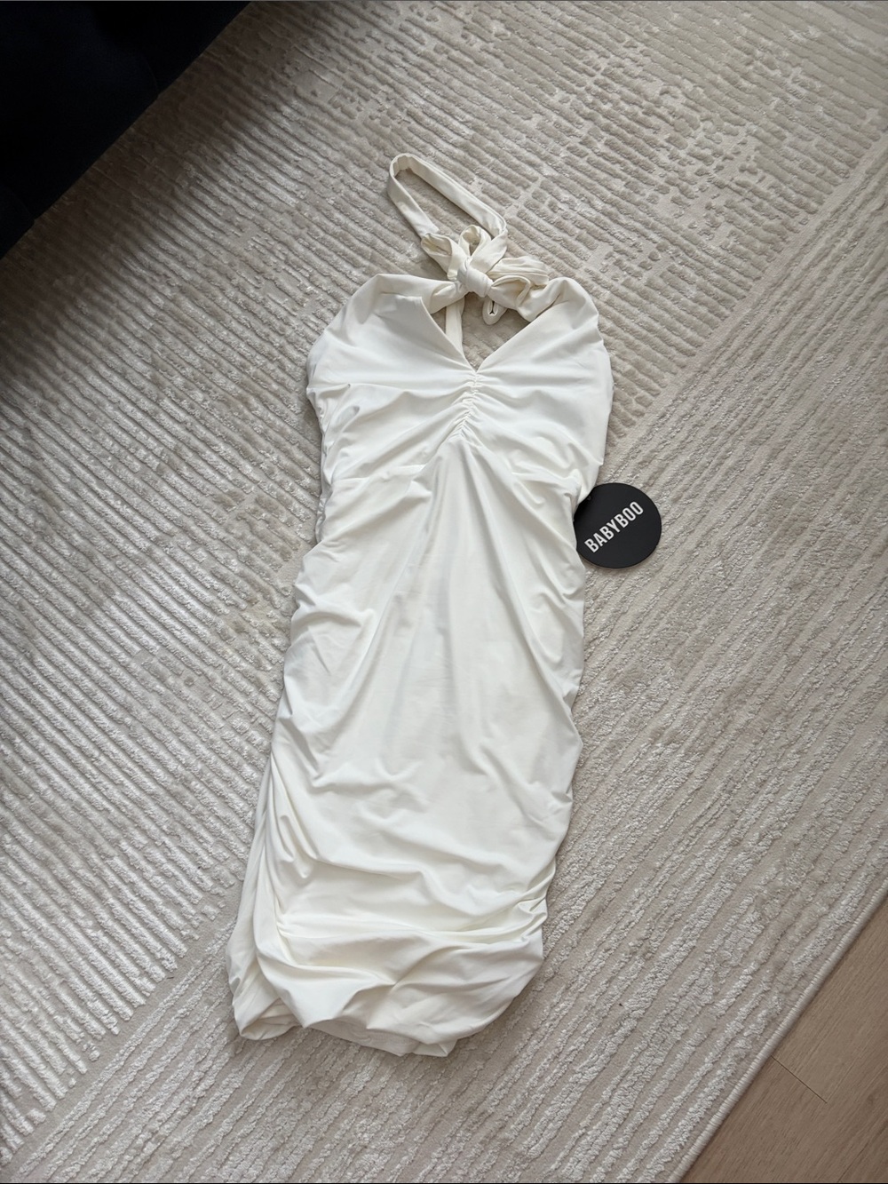 Babydoll White One-Shoulder Ruched Midi Dress